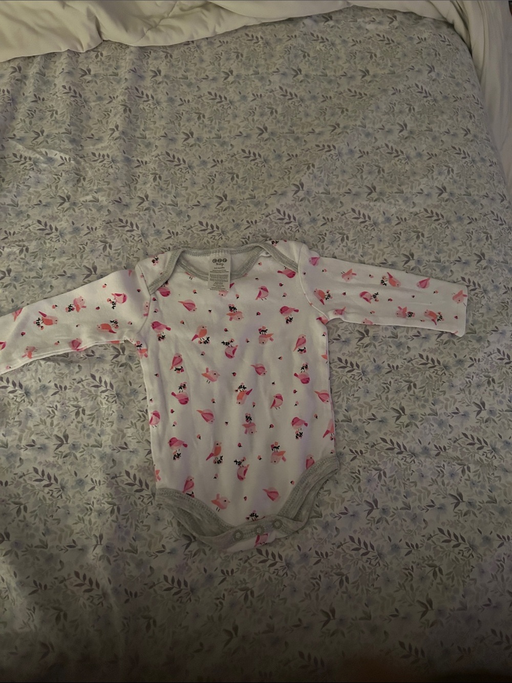 Long-Sleeve Pink Bird Print Baby One-Piece